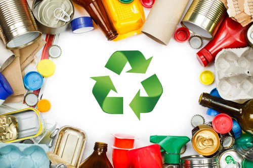 A collection of various waste items, predominantly consisting of empty aluminium cans, plastic bottles, and paper packaging, scattered in a loose arrangement on a white background. The aluminium cans are silver and metallic with some cut-open or crushed, and are positioned both upright and sideways. Plastic bottles in yellow, blue, red, and green are visible, with some caps attached and others missing, showing the bottle openings. Cardboard and paper packaging, including tubes and flattened boxes, are also present, with textures ranging from smooth to corrugated. The items are arranged around a central green recycling symbol composed of three arrows forming a triangle, symbolizing recycling. The backdrop is plain white, emphasizing the waste materials and the recycling icon, indicative of rubbish collection and disposal services in the Crystal Palace area, provided by Office Clearance Crystal Palace, emphasizing environmentally responsible waste management practices.