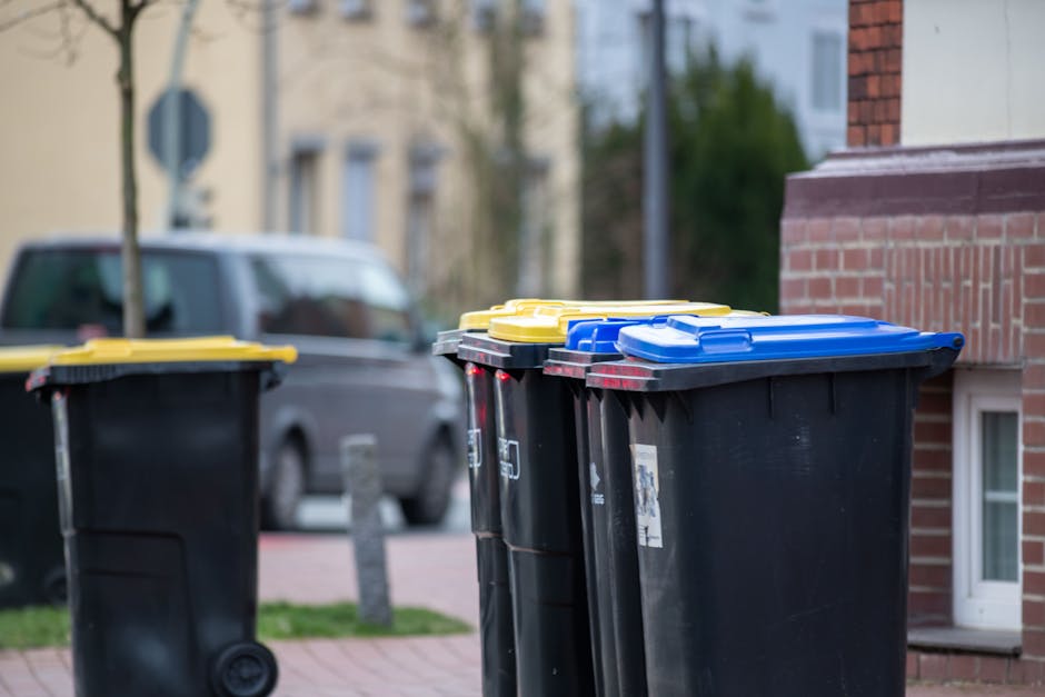 Two green plastic wheelie bins with hinged lids, positioned side by side on a pavement at the edge of a street, with the waste collection logo faintly visible on the lids. The bins are placed in front